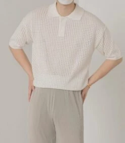 White See-Through Knit Polo Shirt | Xiumin - EXO -Diva s Closet Xiumin EXO White See Through Knit Polo Shirt 1 600x682 1