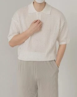 White See-Through Knit Polo Shirt | Xiumin - EXO -Diva s Closet Xiumin EXO White See Through Knit Polo Shirt 4