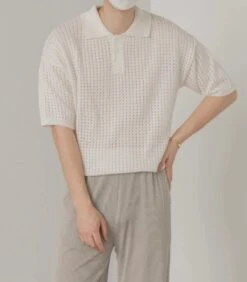 White See-Through Knit Polo Shirt | Xiumin - EXO -Diva s Closet Xiumin EXO White See Through Knit Polo Shirt 5 600x684 1