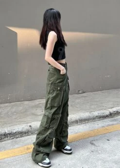 Army Green Multi-Pocket Cargo Jeans | Yeji - ITZY -Diva s Closet Yeji ITZY Army Green Multi Pocket Cargo Jeans 4