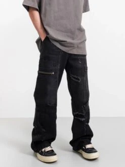 Black Zipper Pocket Distressed Jeans | Yunho - ATEEZ -Diva s Closet Yunho ATEEZ Black Zipper Pocket Distressed Jeans 1 600x802 1