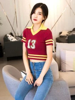 Red Cropped Collared Polo Shirt | Seulgi - Red Velvet -Diva s Closet red velvet seulgi irene crop top2